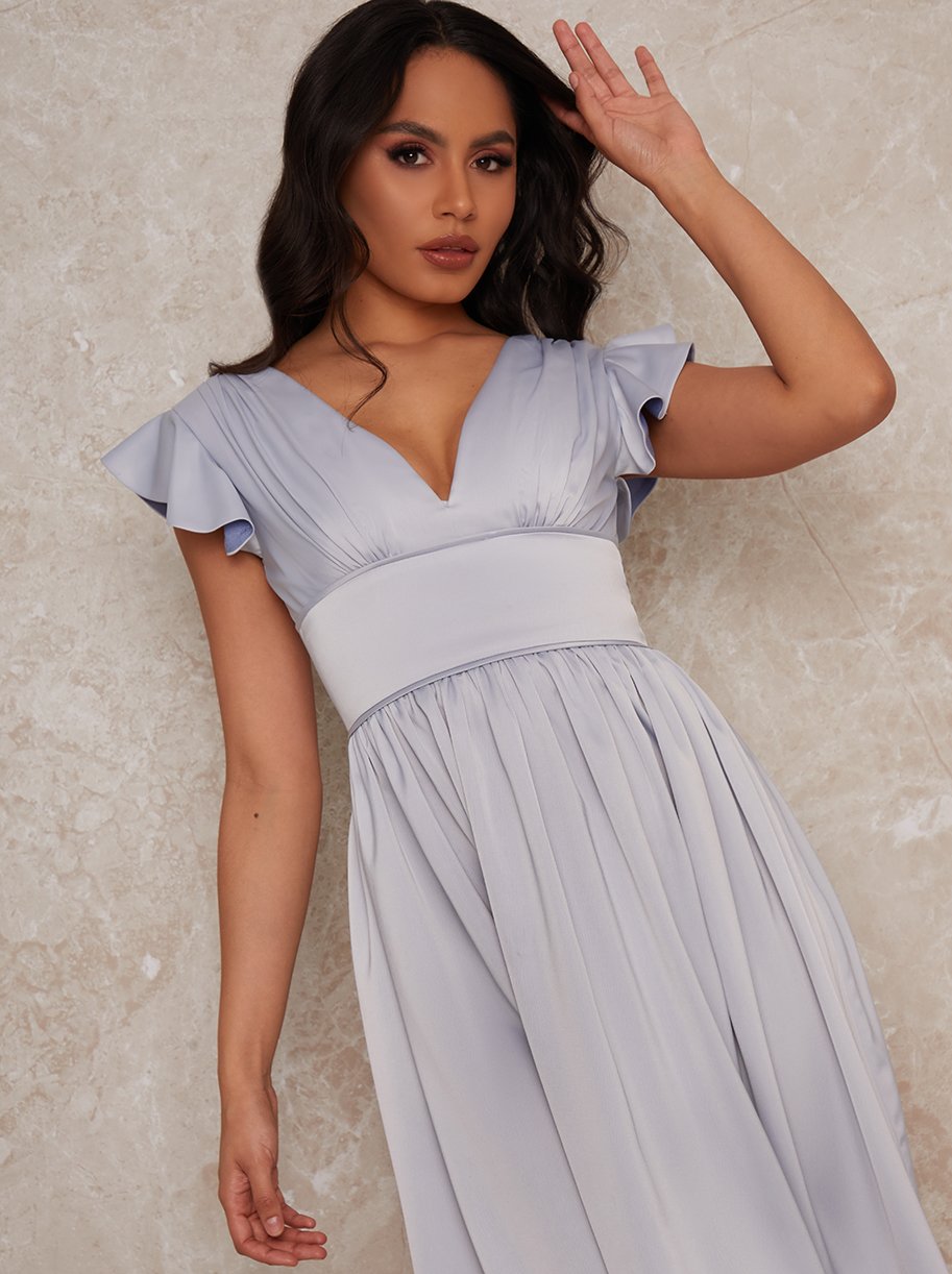 Ruffle Sleeve Midi Dress in Blue