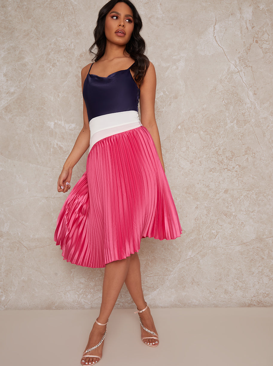 Satin Pleated Midi Cami Dress in Multi
