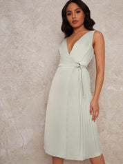 Pleated Wrap Dress with Belt Detail in Green