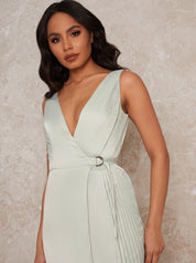 Pleated Wrap Dress with Belt Detail in Green