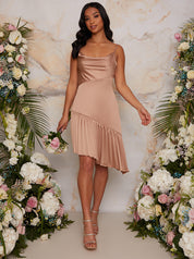 Petite Cowl Neck Satin Pleated Midi Dress in Champagne