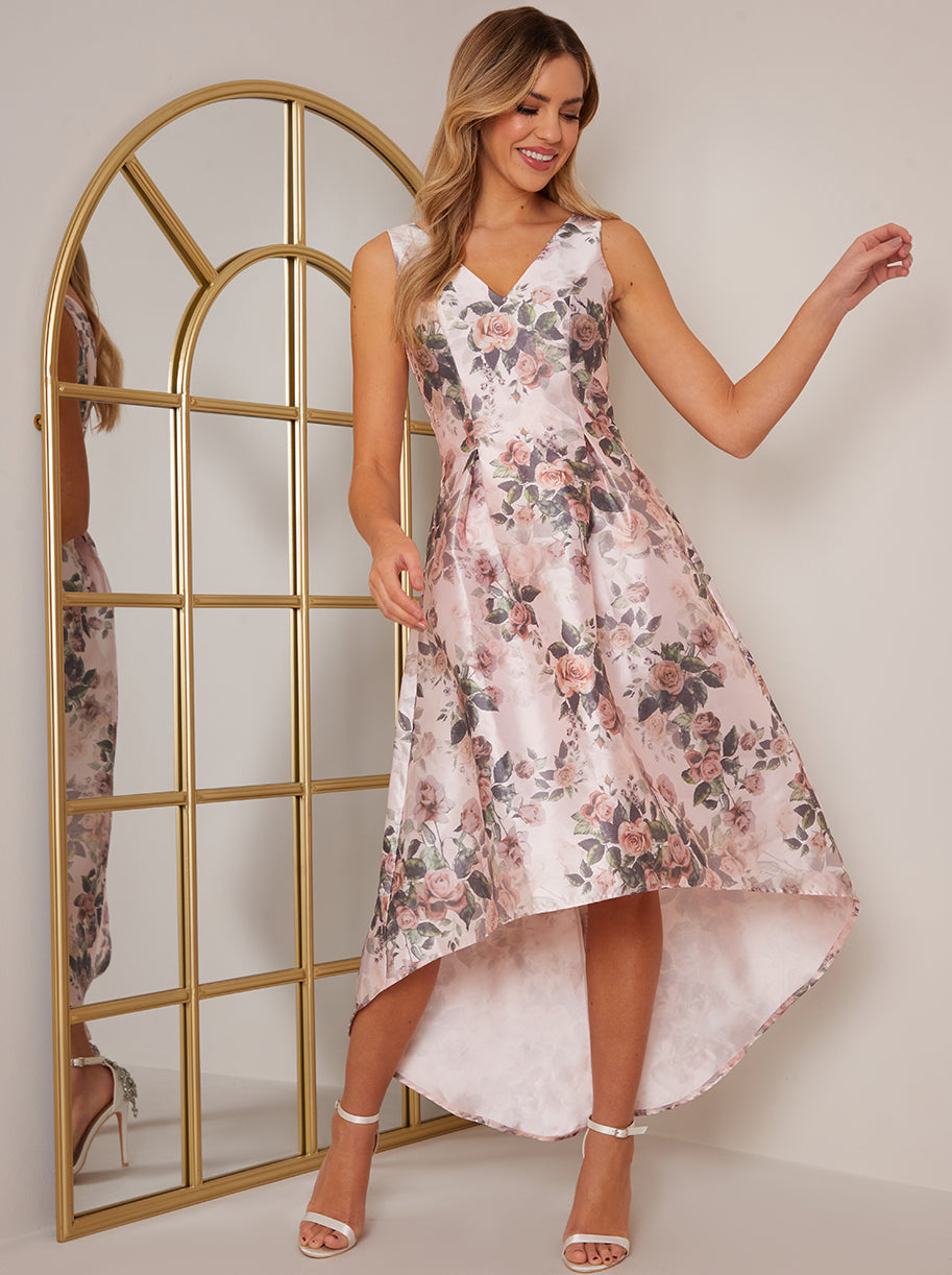 pink dipped hem dress Hot Pink Printed One Shoulder Frill Detail Dipped Hem Dress AX Paris US