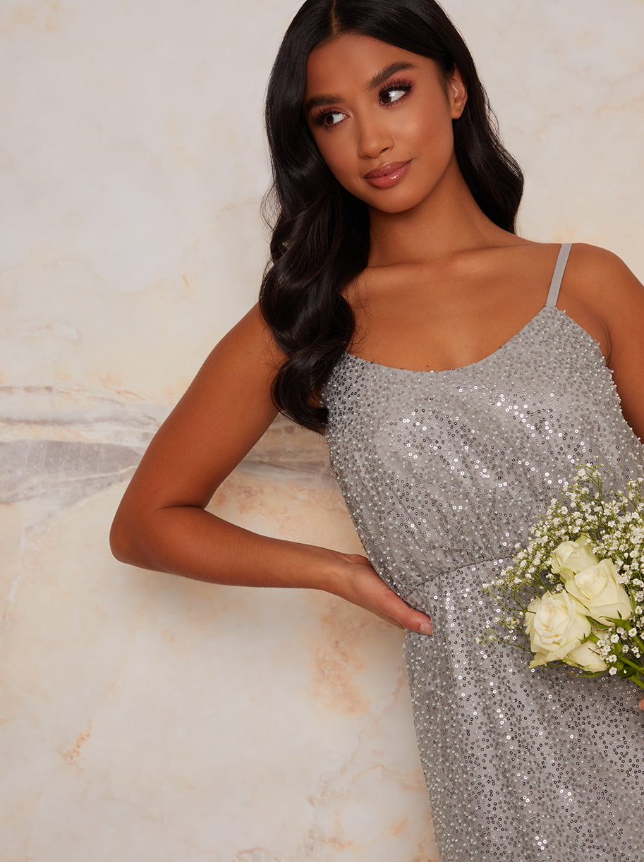 Petite Sequin Cami Style Maxi Dress In Silver