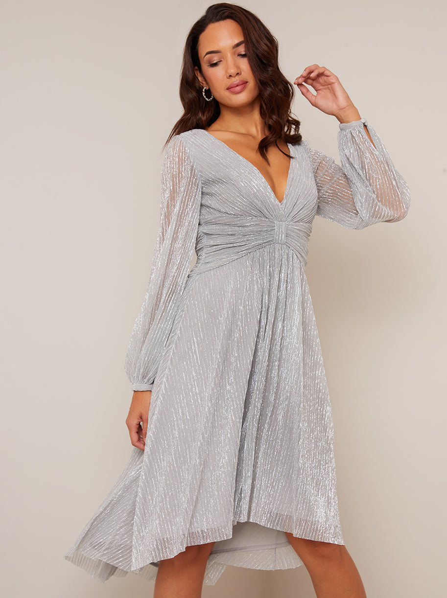 Long Sleeve Wrap Dip Hem Midi Dress in Silver