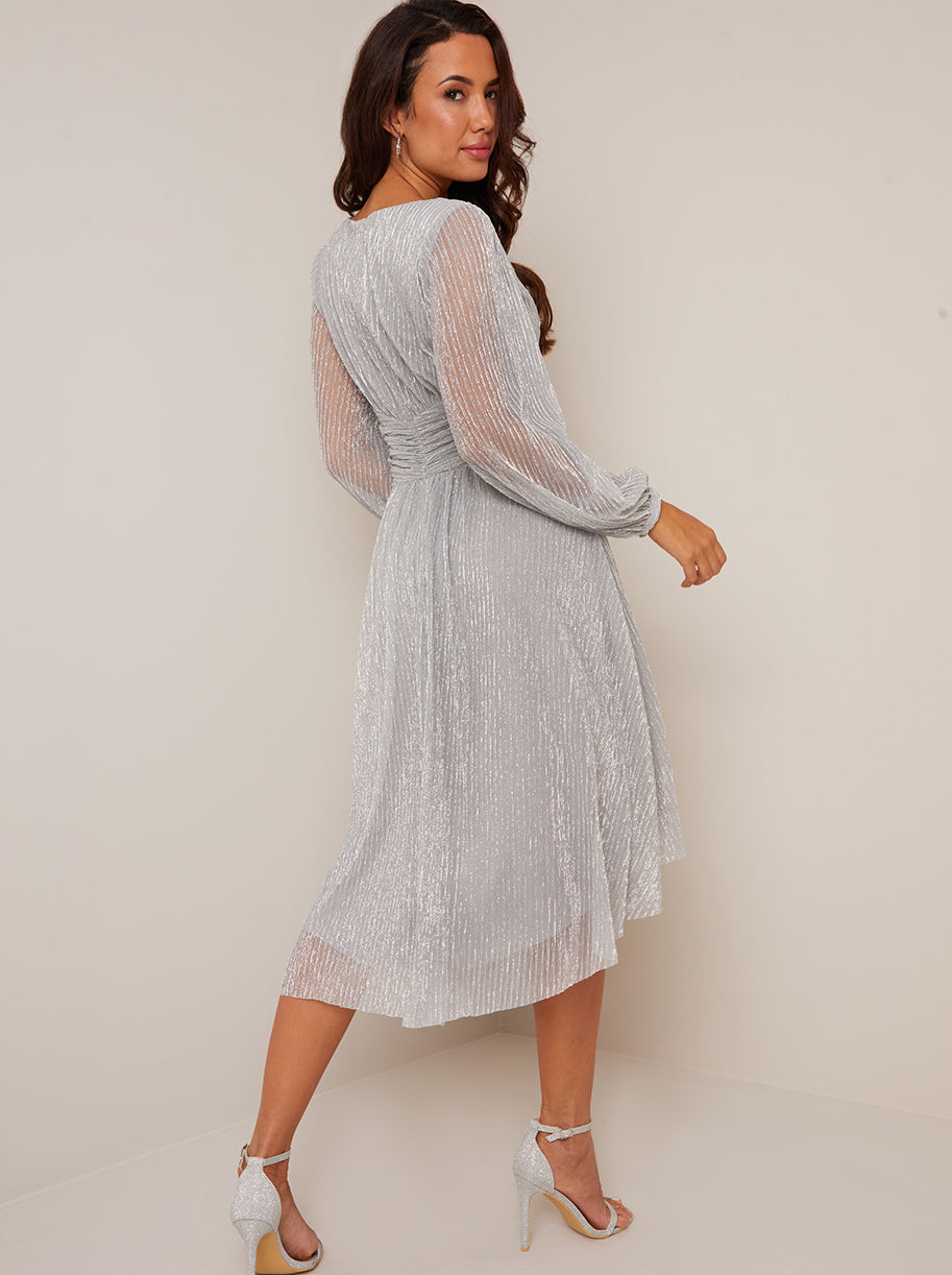 Long Sleeve Wrap Dip Hem Midi Dress in Silver