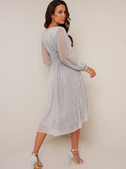 Long Sleeve Wrap Dip Hem Midi Dress in Silver