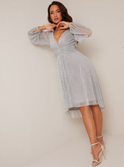 Long Sleeve Wrap Dip Hem Midi Dress in Silver