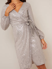 Wrap Design Sequin Party Dress in Silver