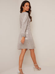 Wrap Design Sequin Party Dress in Silver