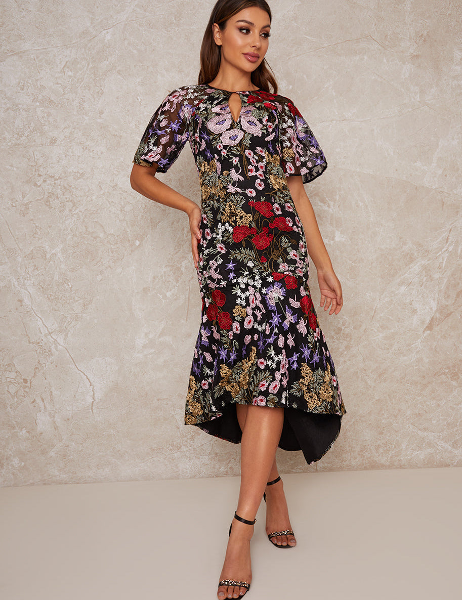 Midi Party Dress with Floral Lace Design in Black