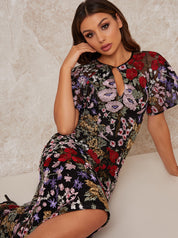 Midi Party Dress with Floral Lace Design in Black