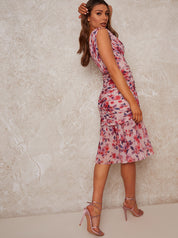 Sleeveless Ruched Floral Print Midi Dress in Pink