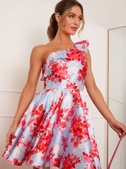 One Shoulder Ruffle Trim Floral Midi Dress in Blue