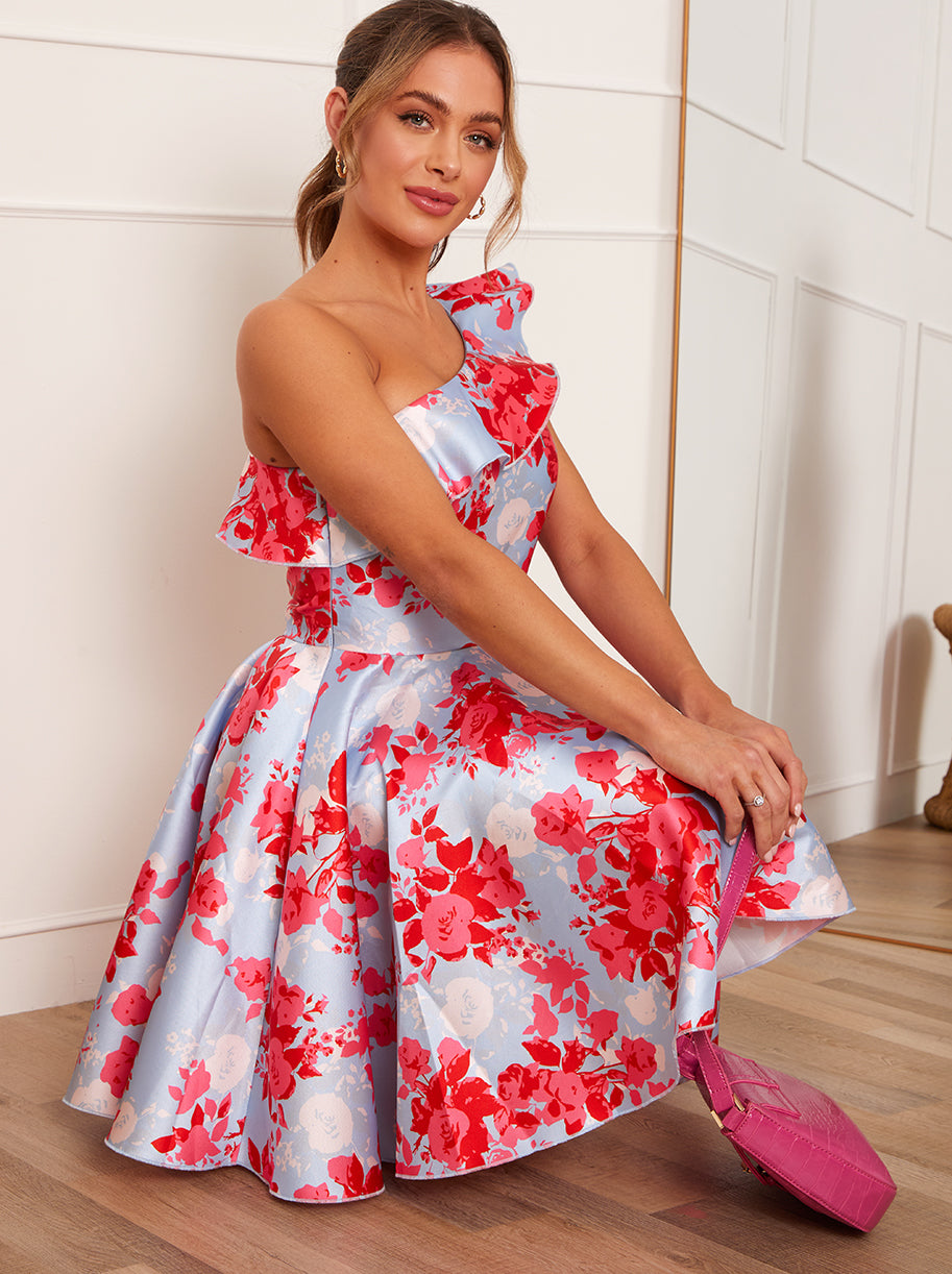 One Shoulder Ruffle Trim Floral Midi Dress in Blue