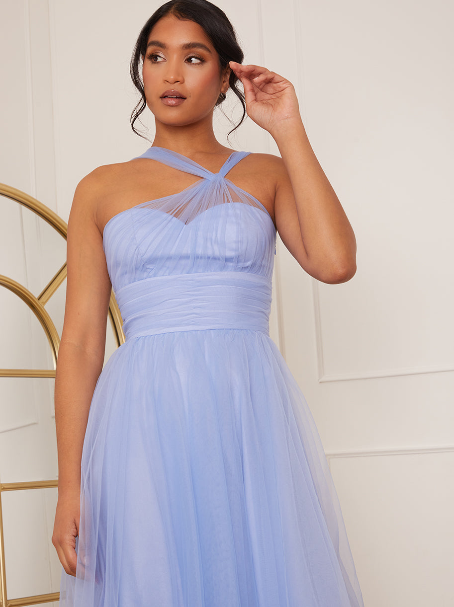 Halter Neck Mesh Midi Dress in Blue