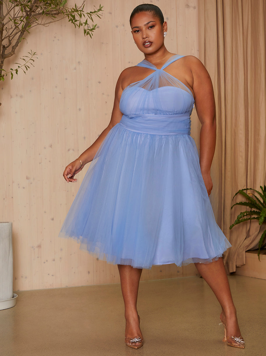 sachin and babi light blue dress Plus Size Halter Neck Mesh Midi Dress in Blue