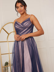 Mesh Detail Skater Midi Dress in Navy
