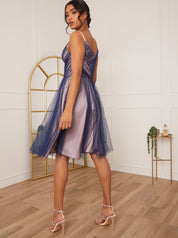 Mesh Detail Skater Midi Dress in Navy