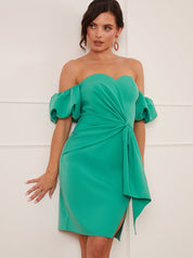 Petite Puff Sleeve Bardot Tie Detail Mini Dress in Green