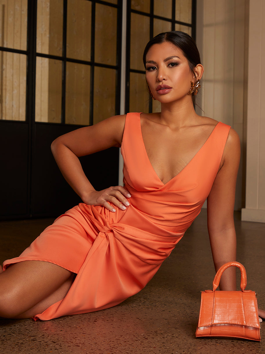 V Neck Wrap Style Bodycon Dress in Orange