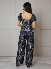 Puff Sleeve Jacquard Wide Leg Jumpsuit in Navy