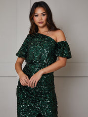 One Shoulder Ruched Sequin Midi Dress in Green