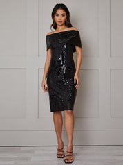 Bardot Sequin Bodycon Midi Dress in Black