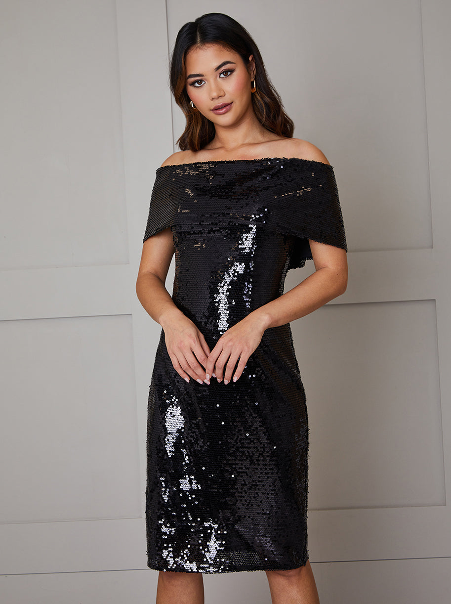 Bardot Sequin Bodycon Midi Dress in Black