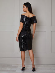 Bardot Sequin Bodycon Midi Dress in Black