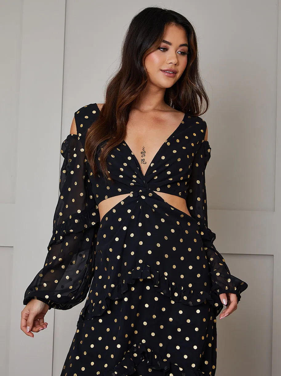 Long Sleeve Ruffle Detail Foil Spot Detail Maxi Dress in Black