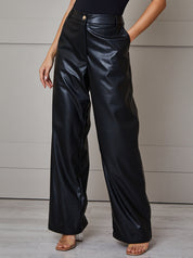 Faux Leather Wide Leg Trousers in Black
