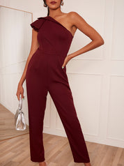One-Shoulder Frill Detail Jumpsuit in Burgundy