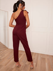 One-Shoulder Frill Detail Jumpsuit in Burgundy