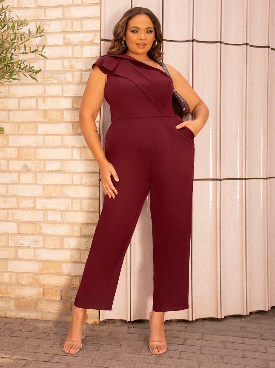 Plus Size One Shoulder Ruffle Detail Jumpsuit in Red