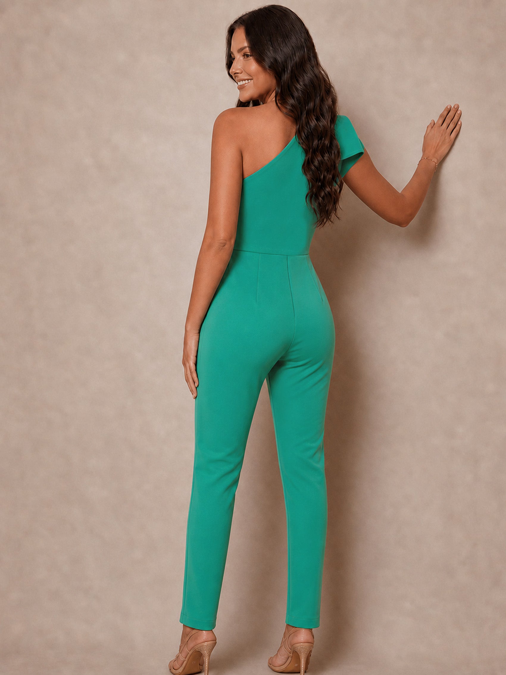 One Shoulder Ruffle Detail Jumpsuit in Green