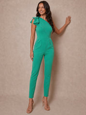 One Shoulder Ruffle Detail Jumpsuit in Green