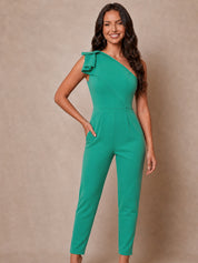 One Shoulder Ruffle Detail Jumpsuit in Green