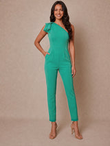 One Shoulder Ruffle Detail Jumpsuit in Green