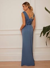 Sleeveless V Neck Satin Maxi Dress in Blue
