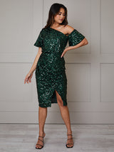 One Shoulder Ruched Sequin Midi Dress in Green