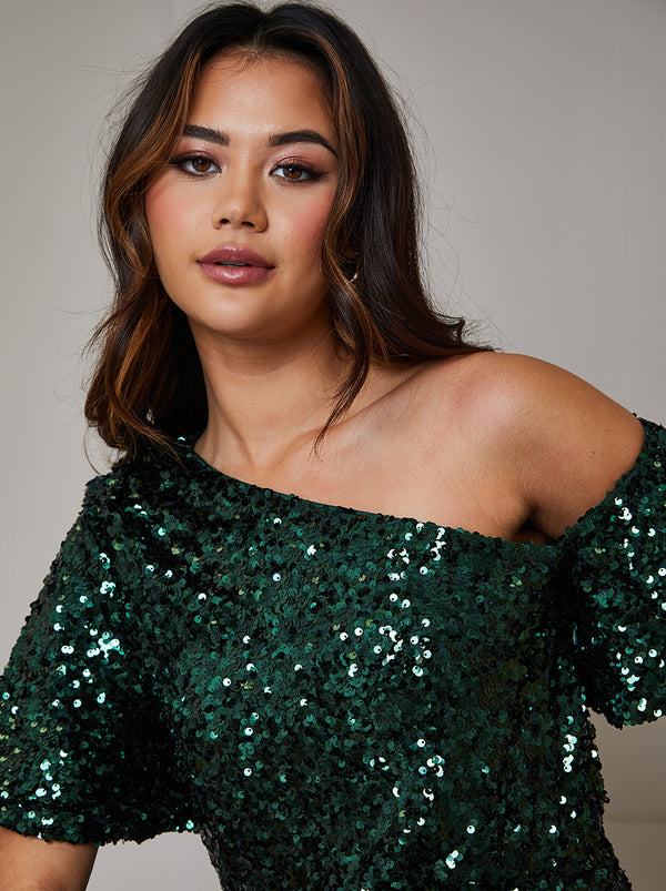Plus Size One Shoulder Ruched Sequin Midi Dress in Green