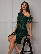 Plus Size One Shoulder Ruched Sequin Midi Dress in Green