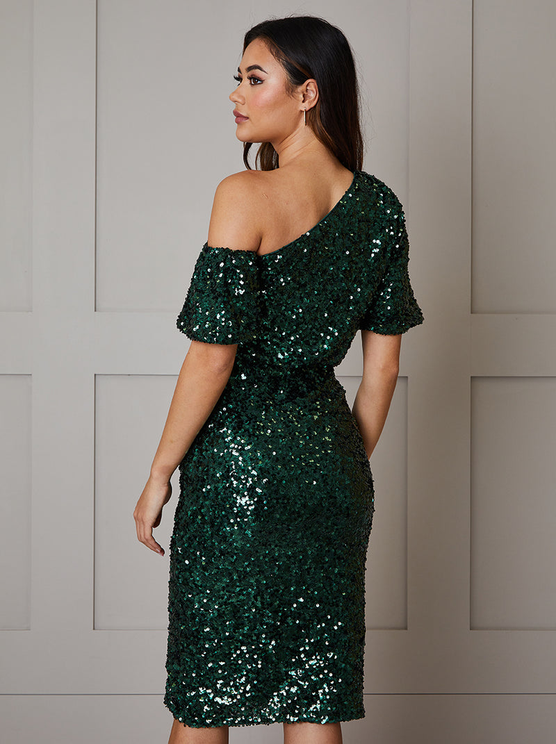 One Shoulder Ruched Sequin Midi Dress in Green