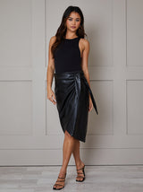 Faux Leather Wrap Midi Skirt in Black