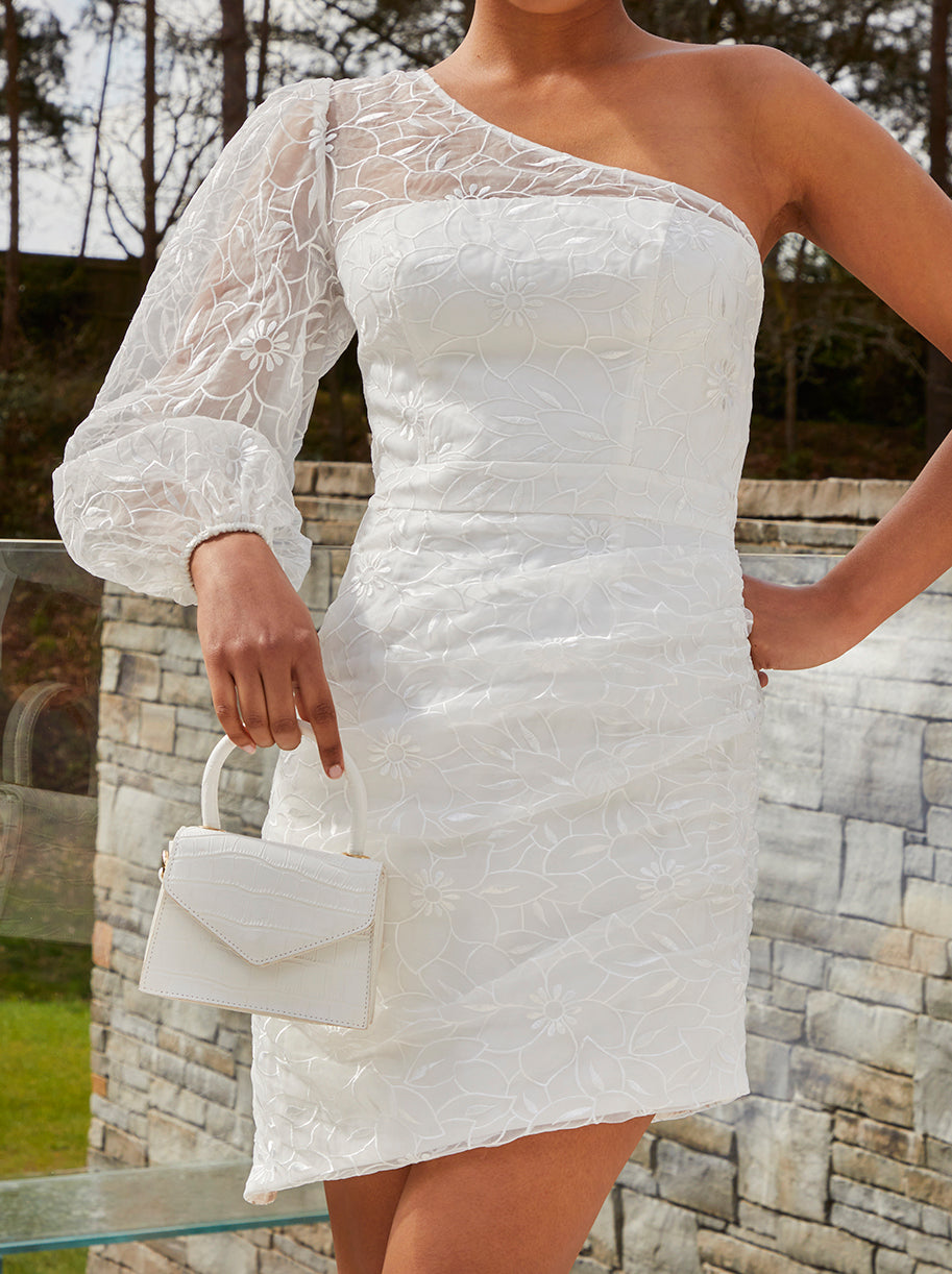 One Shoulder Balloon Sleeve Bodycon Dress in White