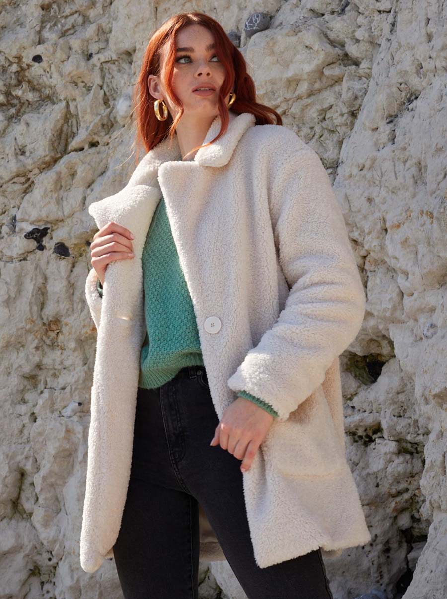 Mid Length Teddy Coat in Beige