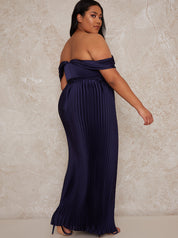 Plus Size Bardot Pleated Maxi Bridesmaid Dress in Blue