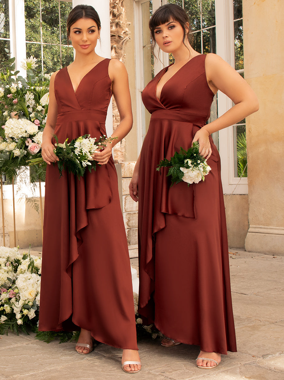 Plus Size Satin Wrap Maxi Dress in Red