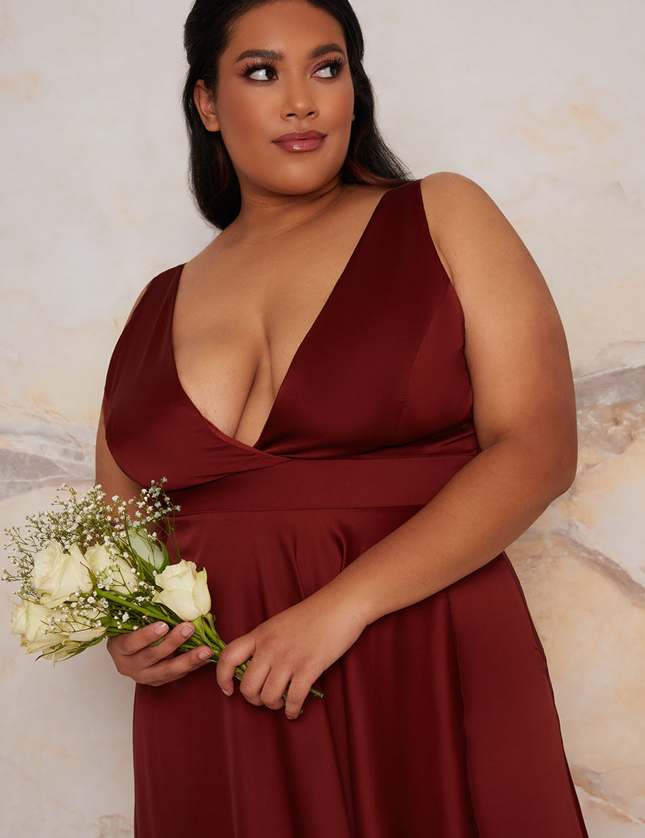 Plus Size Satin Wrap Maxi Dress in Red