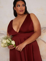 Plus Size Satin Wrap Maxi Dress in Red